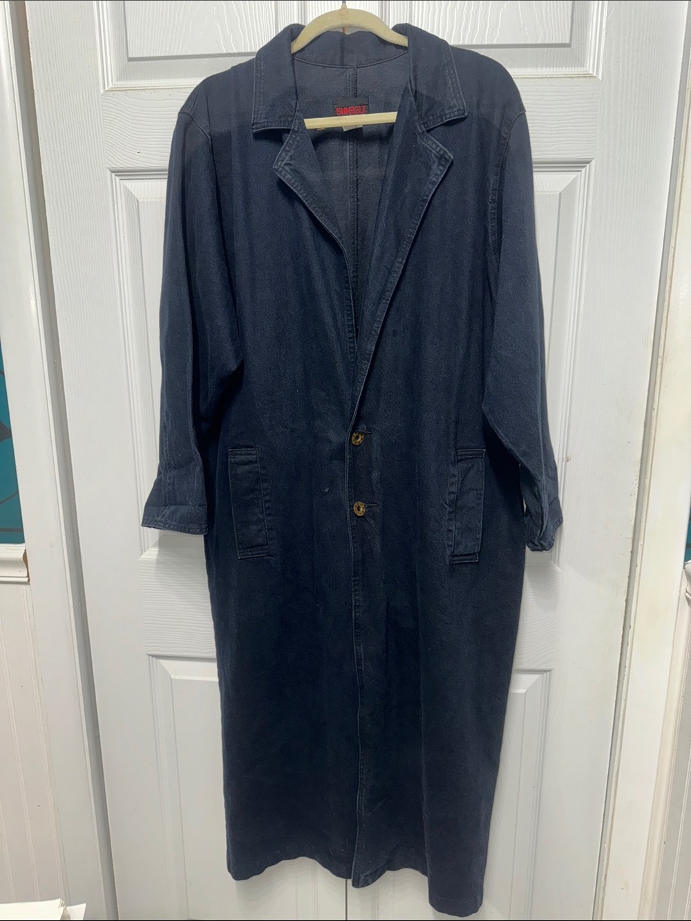 Vtg Sunbelt Sportswear Dark Blue Denim Jean Long Duster Trench Jacket One Size